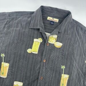 Tommy Bahama Silk Hawaiian Shirt Gray Tropical Cocktails Short Sleeve Mens Small